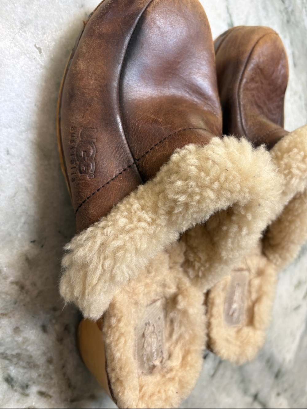 UGG Brown Leather Shearling Clog Slippers